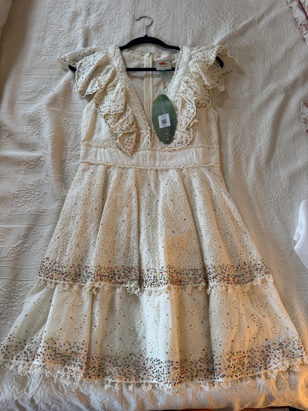 Farm Rio Ivory Eyelet Dress with Multicolor Beaded Embroidery
